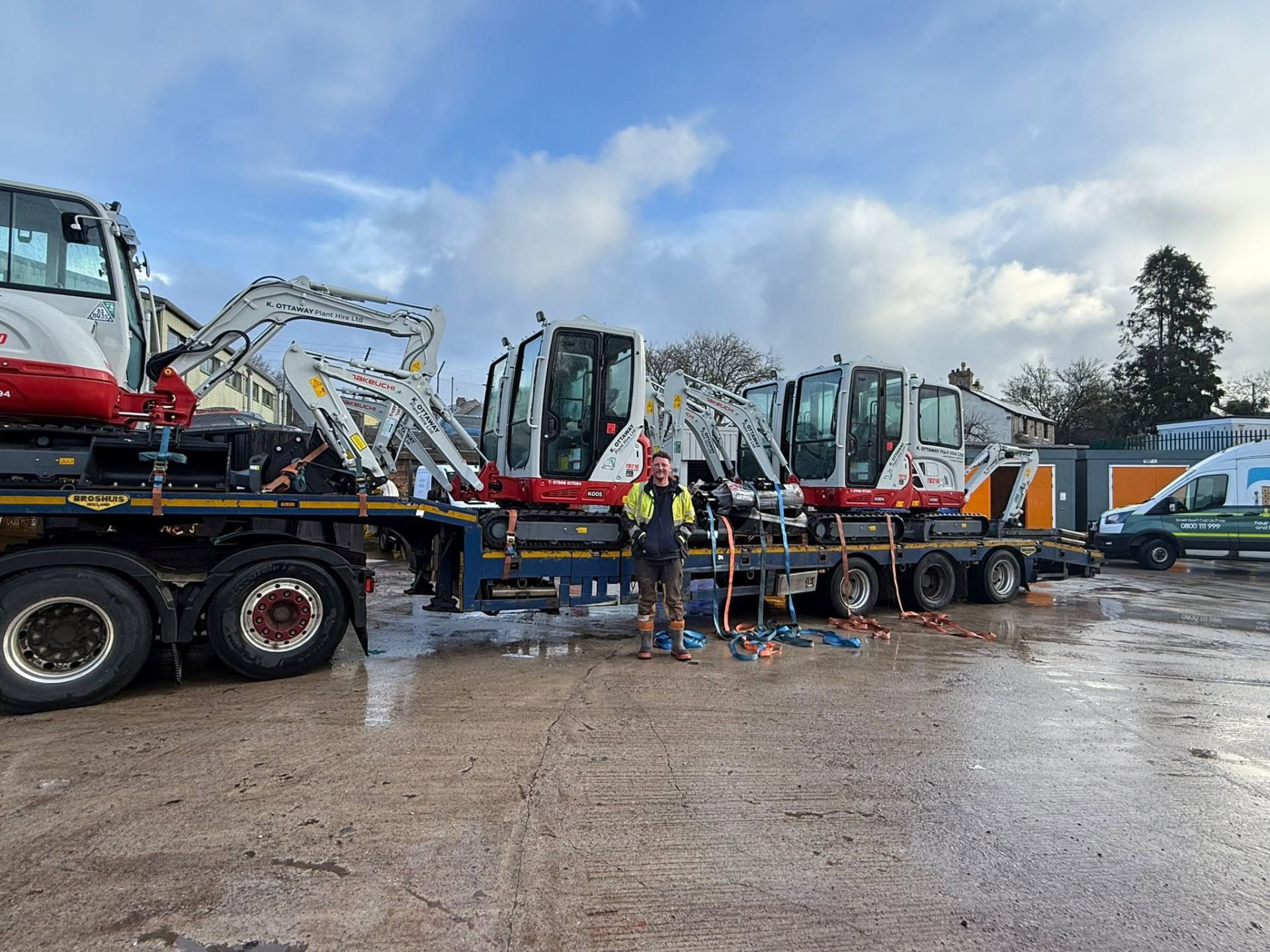 K.Ottaway Plant Hire fleet — excavators loaded and ready for delivery across Devon